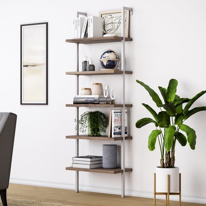 Moskowitz Ladder Bookcase - Natural Light Brown Wood, White Metal Frame - Image 0