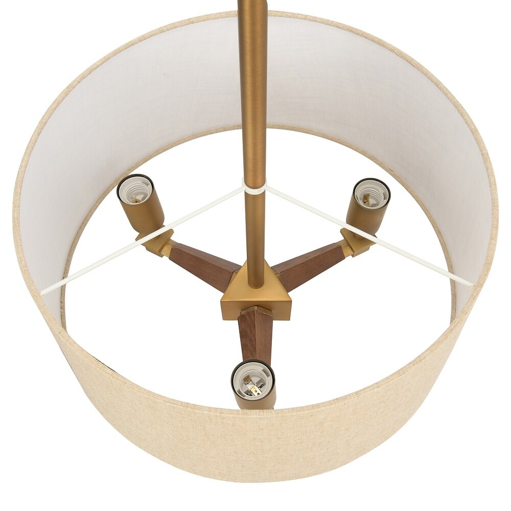 Brushed Gold & Wood Pendant with Drum Shade - Image 1