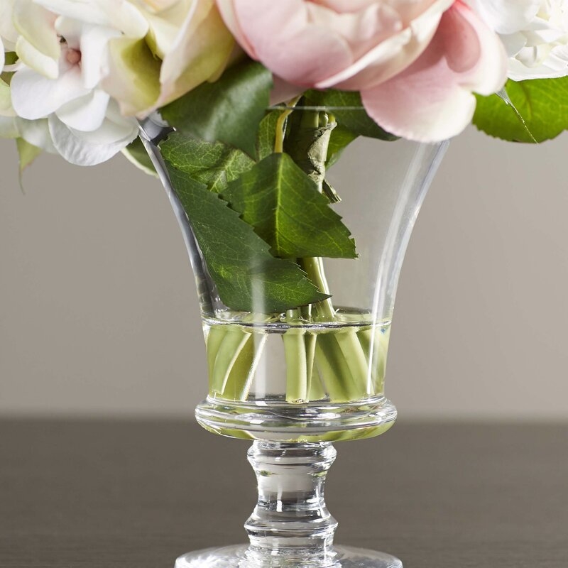 Faux Rose and Hydrangea Floral Arrangement in Pedestal Glass Vase - Image 4