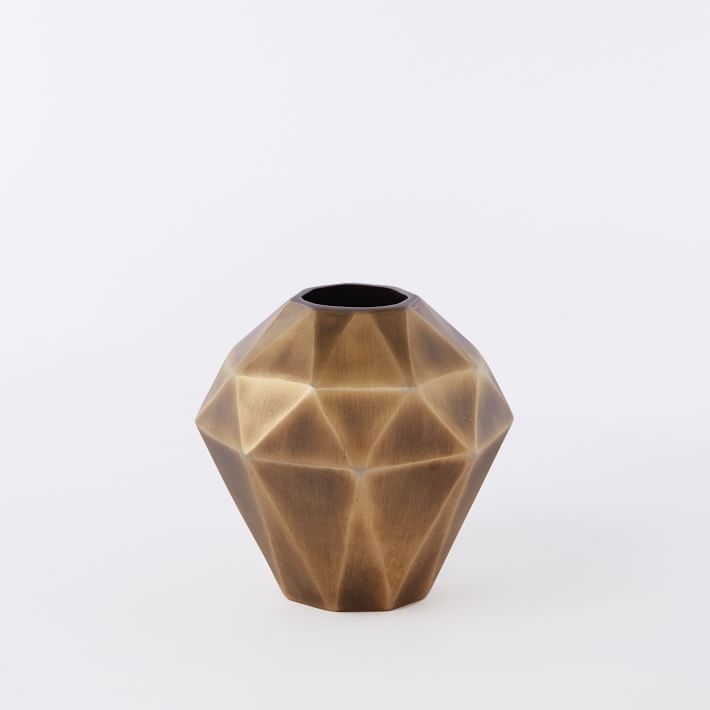 Faceted Deco Metal Vase, Antique Brass, Wide - Image 0