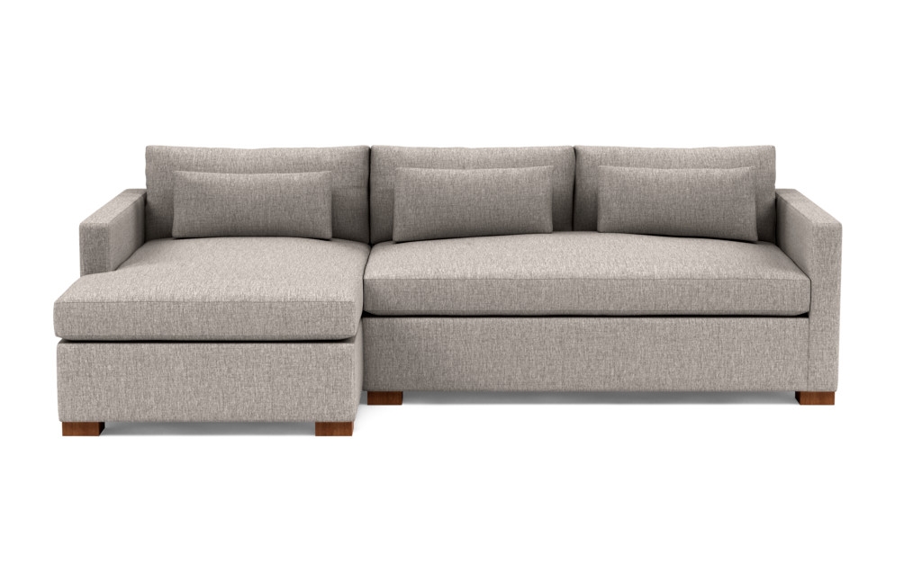 Charly 110" Left Sectional with Brown Earth Fabric, double down blend cushions, extended chaise, and Oiled Walnut legs - Image 0