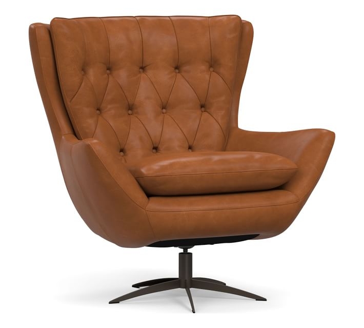 Wells Leather Petite Swivel Armchair with Brass Base, Polyester Wrapped Cushions, Vintage Caramel - Image 0