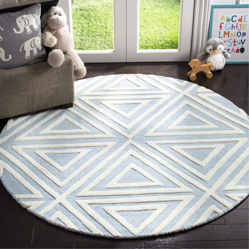 Brenner Hand-Tufted Wool Blue/Ivory Triangles Area Rug  5' Round - Image 0