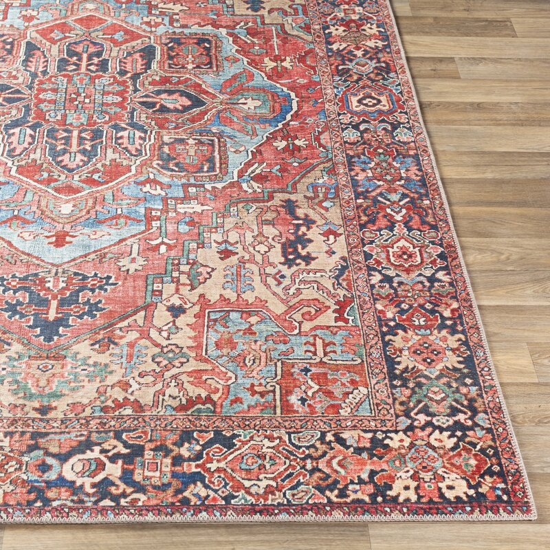 Crook Oriental Power Loom Bright Red/Navy/Wheat/Ice Blue/Grass Green/Ivory Rug - Image 4