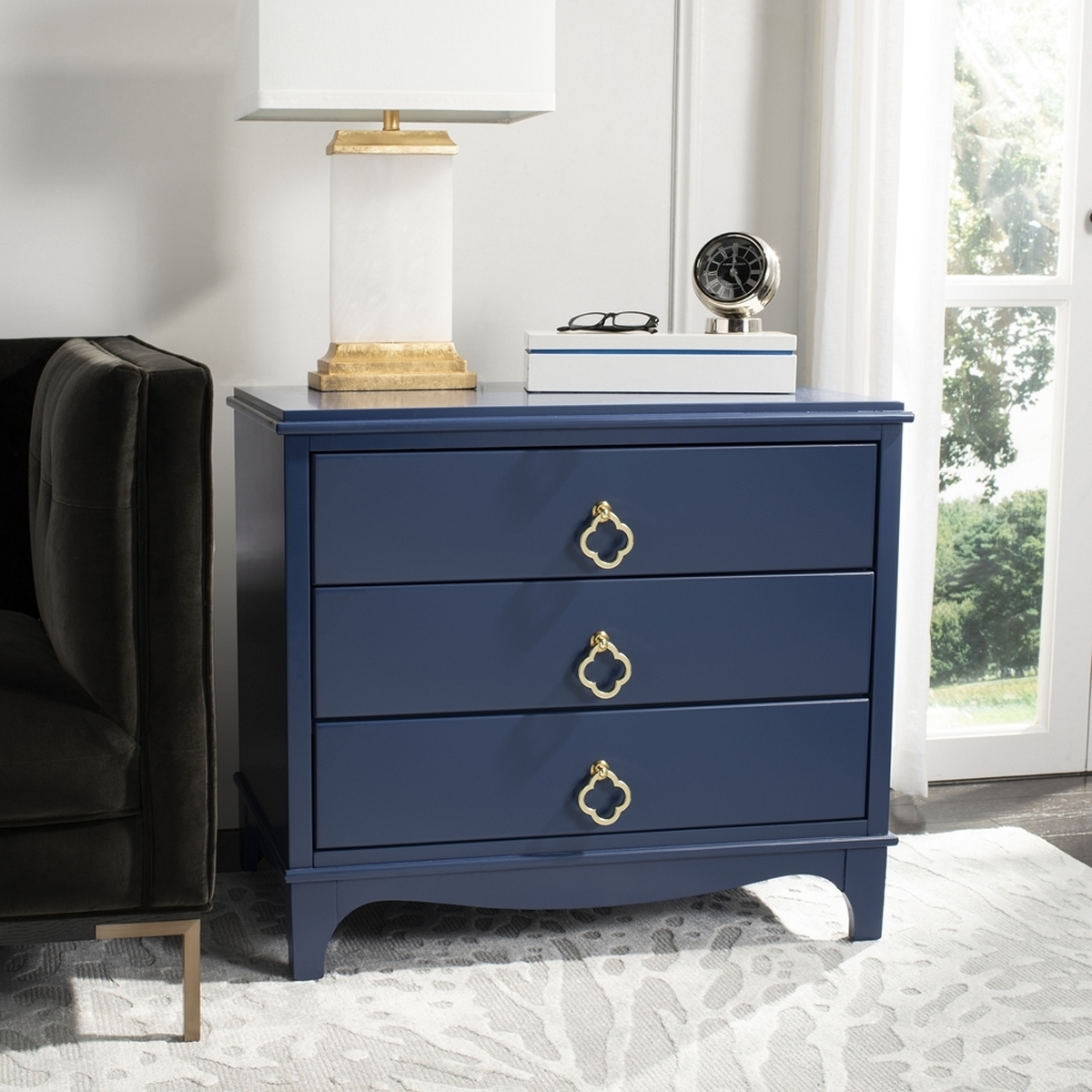 Hannon 3 Drawer Contemporary Nightstand - Navy - Safavieh - Image 2