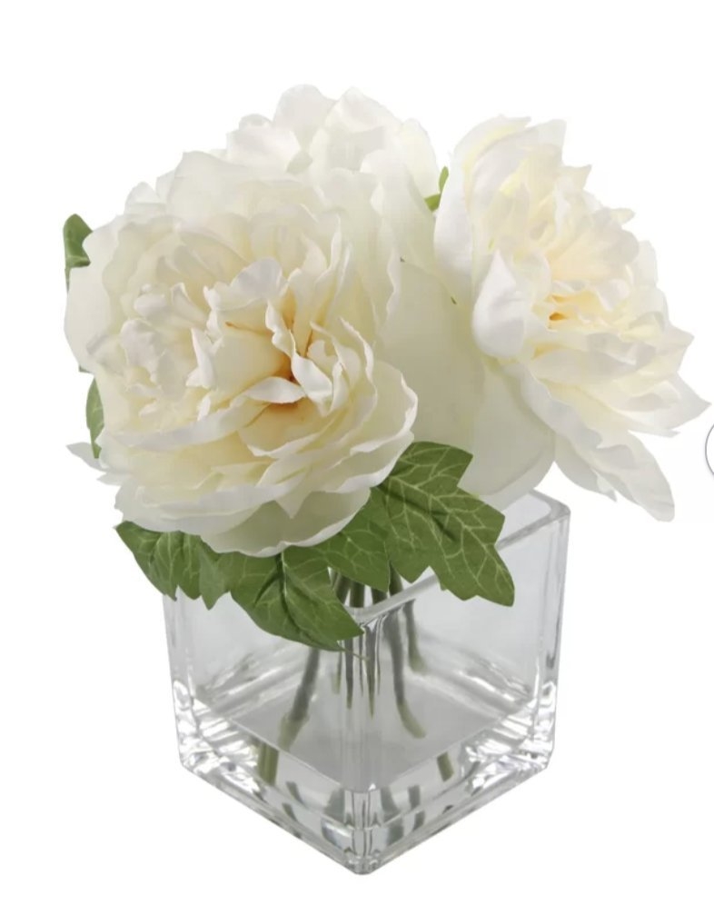 Silk Peonie Floral Arrangement and Centerpiece in Vase-Cream White - Image 2