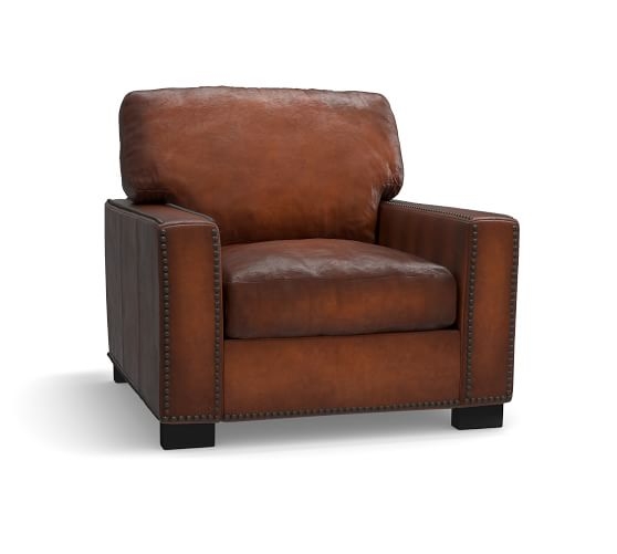Turner Square Arm Burnished Leather Armchair with Nailheads (Small 37") - Image 0