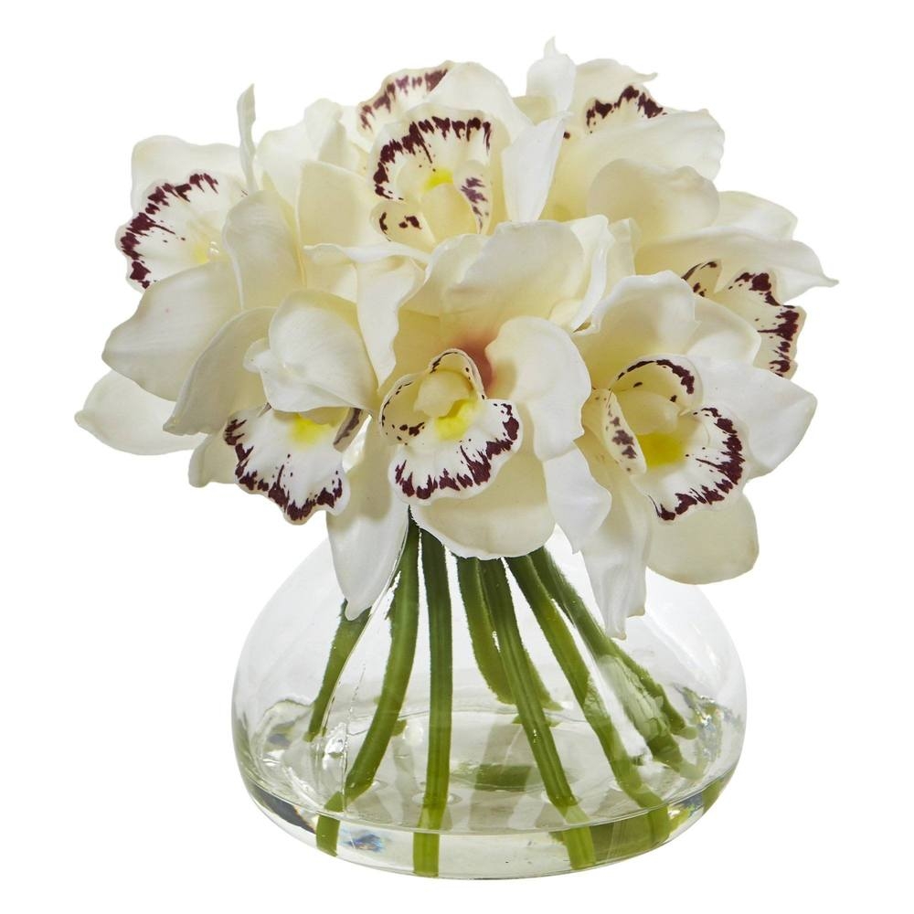 Cymbidium Orchid Artificial Arrangement in Glass Vase - Image 0