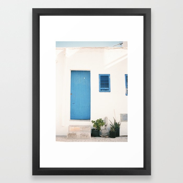Travel photography print “Ibiza blue and white” photo art made in the old town of Eivissa / Ibiza Framed Art Print - Image 0