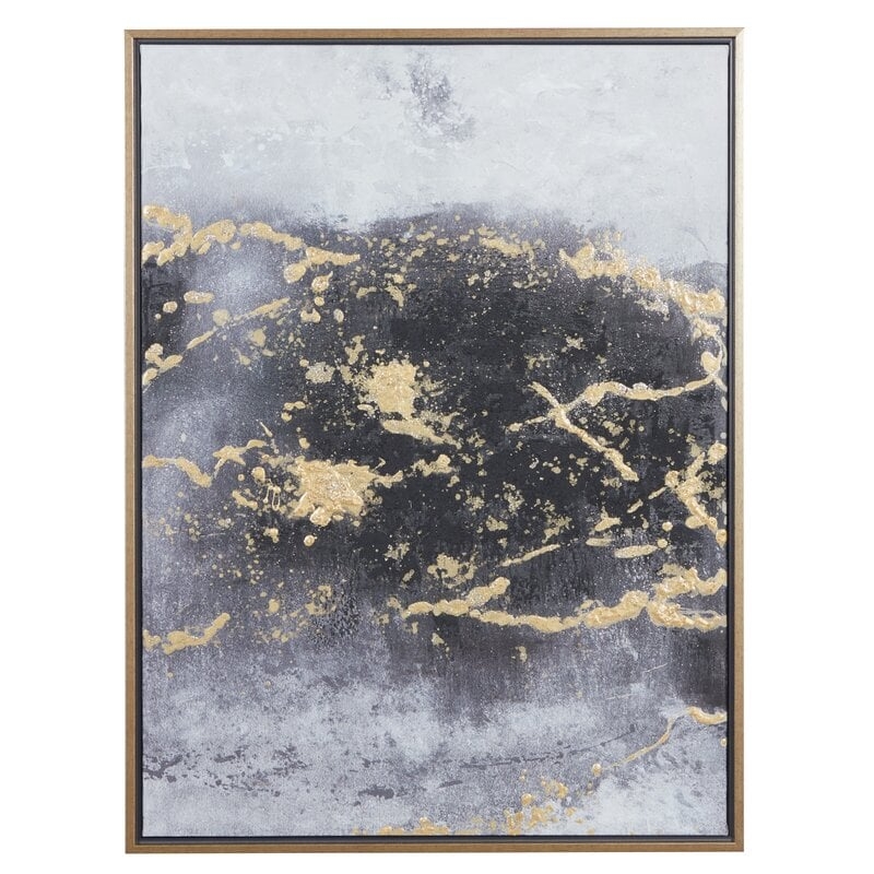 Rectangular Dark Grey And Gold Foil Abstract Canvas Wall Art With Gold Wood Frame, 30" X 40" - Picture Frame Painting on Canvas - Image 0