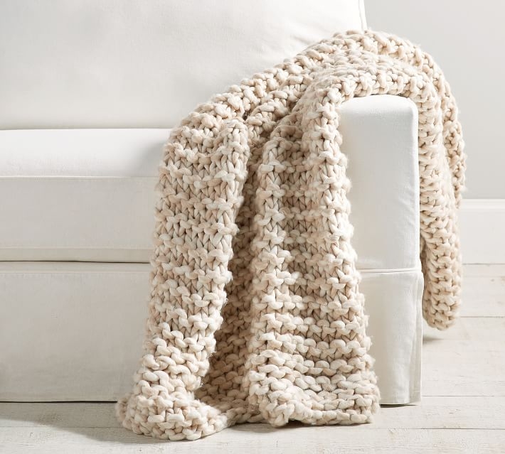 Chunky Hand-Knit Throw, Neutral, 44" x 56" - Image 0