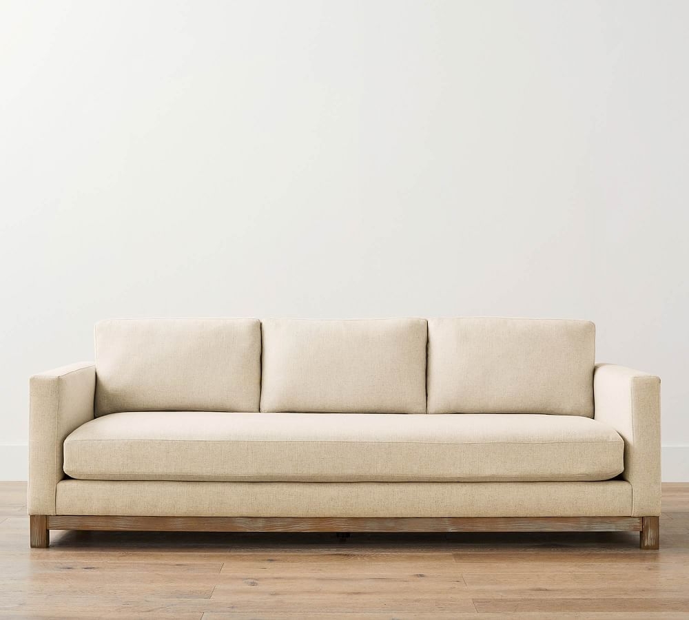 Jake Upholstered Grand Sofa 95" with Wood Legs, Polyester Wrapped Cushions, Performance Heathered Basketweave Alabaster White - Image 0