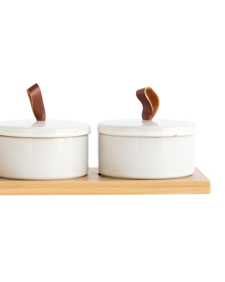 CANISTER SET WITH BAMBOO TRAY, WHITE - Image 1