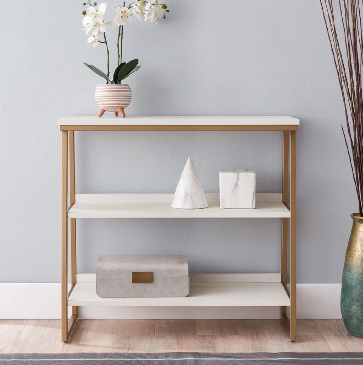 Leick Home F33124658E5A4B96A3FD598297FE729B Mixed Metal And Wood Stepped Tier Bookshelf, White Herringbone/Satin Gold - Image 1