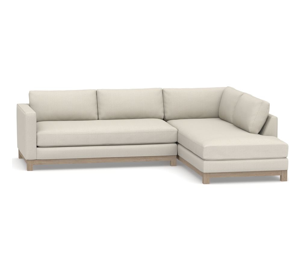 Jake Upholstered RT SFA RTN BMPR Sectional 2x1, Bench Cushion, with Wood Legs, Polyester Wrapped Cushions, Sunbrella(R) Performance Boss Herringbone Pebble - Image 0