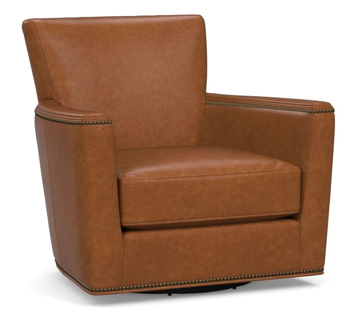 Irving Square Arm Leather Swivel Armchair with Bronze Nailheads, Polyester Wrapped Cushions, Leather Statesville Caramel - Image 0