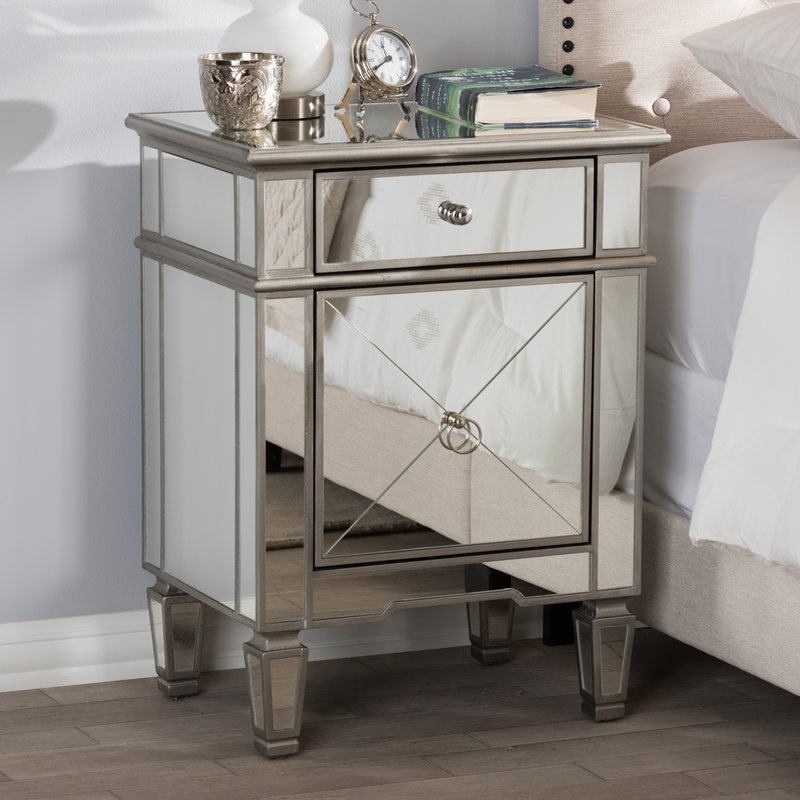 Beglin Hollywood Regency Glamour Style Mirrored 2 Drawer Nightstand - Image 0