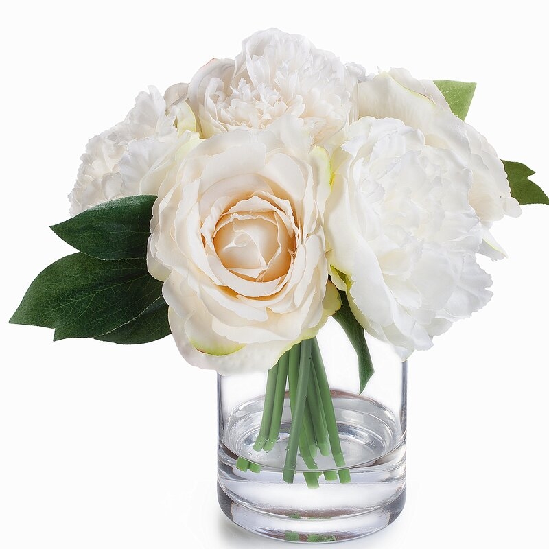 Silk Hydrangea Rose and Peony Mixed Floral Arrangements in Vase - Image 0