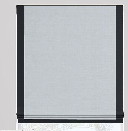 Flat Roman Shades - white linen w/ black border, 26.5" w x 61" h, blackout lining, cordless, inside mount - Image 0