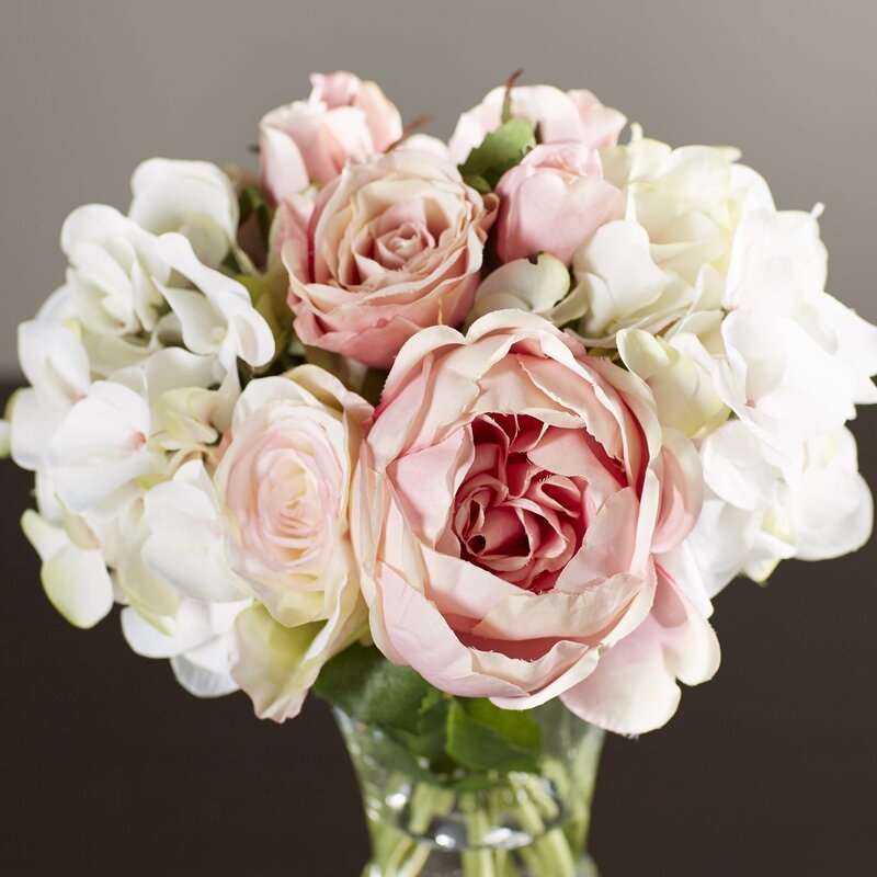Faux Rose and Hydrangea Floral Arrangement in Pedestal Glass Vase - Image 3