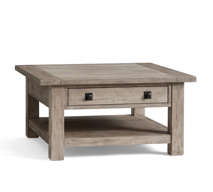 Benchwright Square Wood Coffee Table with Drawer, Gray Wash, 36"L - Image 0