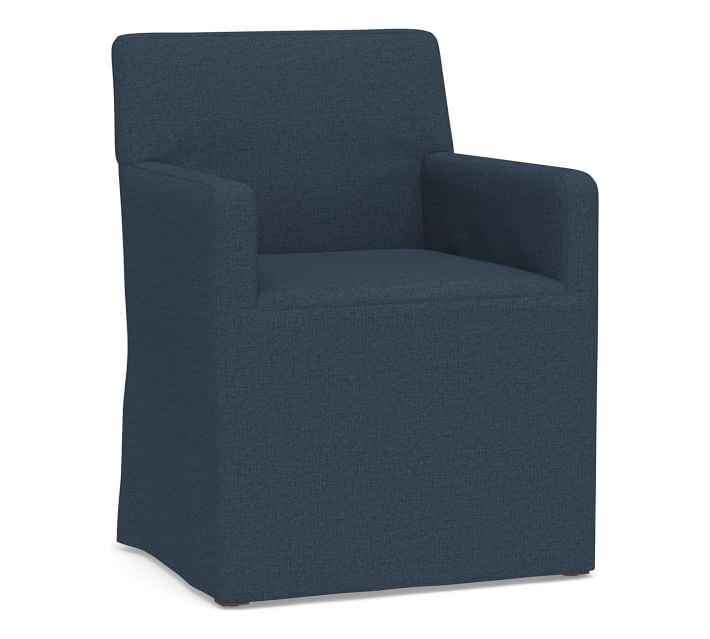Classic Long Slipcovered Dining Armchair, Gray Wash Frame, Brushed Crossweave Navy - Image 0