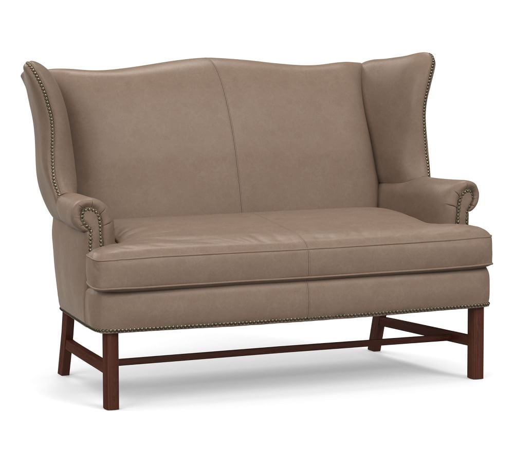 Thatcher Leather Settee, Polyester Wrapped Cushions, Legacy Taupe - Image 0