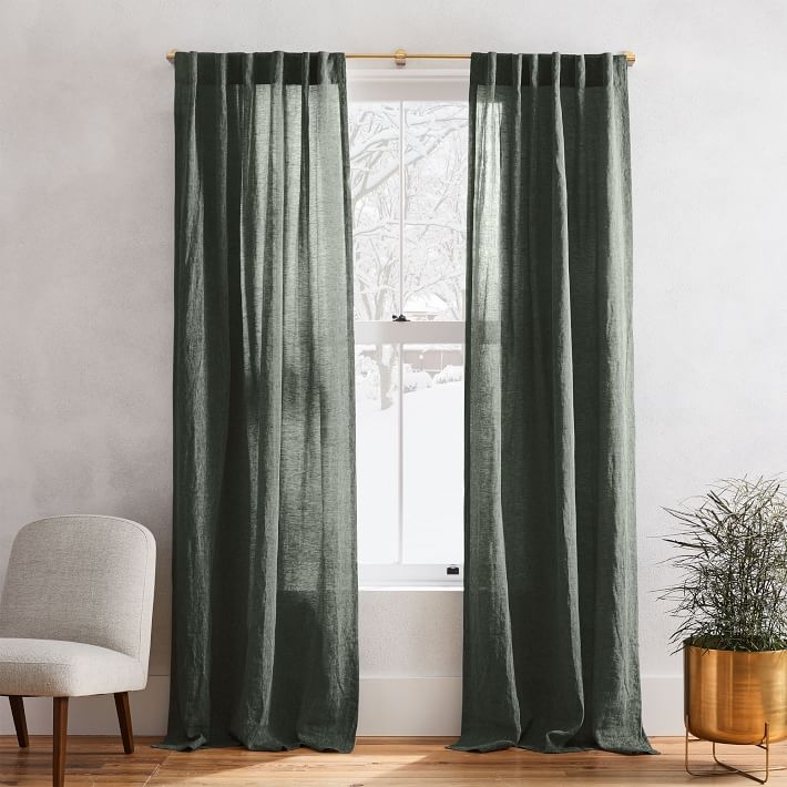 Belgian Flax Linen Melange Curtain, 48"x96", Olive - Image 0