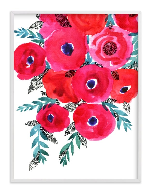 Red Flower Bouquet, 30 x 40, white wood frame - Image 0