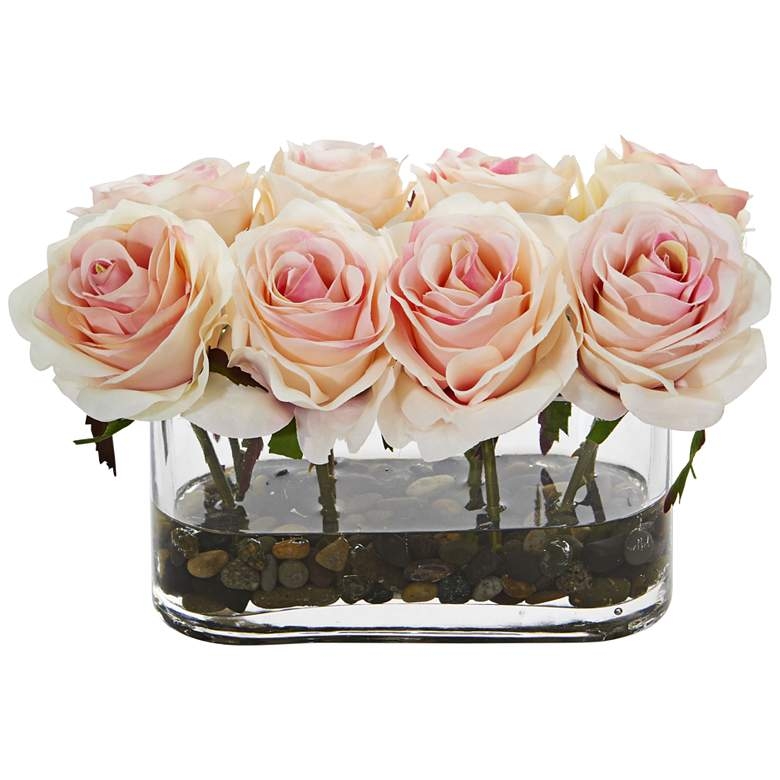 Light Pink Blooming Roses 8 1/2"W Faux Flowers in Glass Vase - Image 0