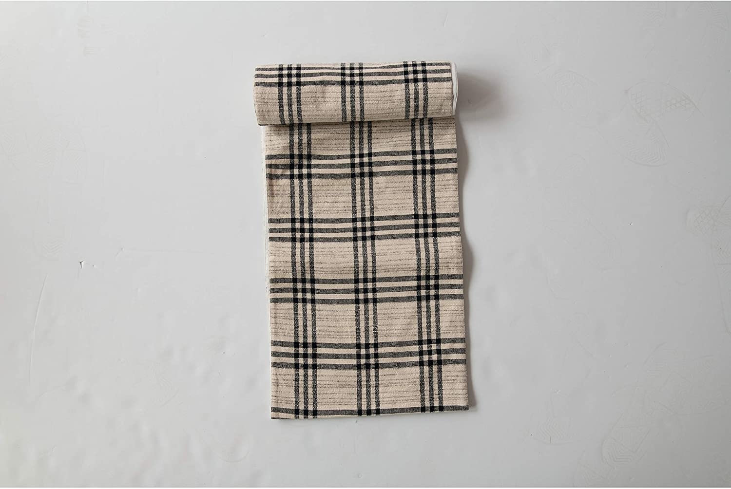 Black Plaid Woven Cotton and Wool Table Runner - Image 5