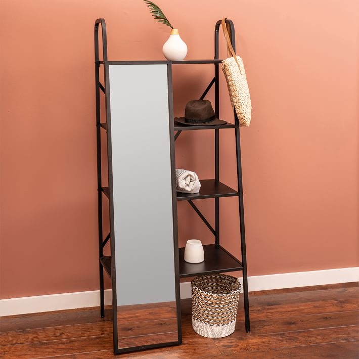 Entry Floor Mirror with Shelves, Black, 67" - Image 0