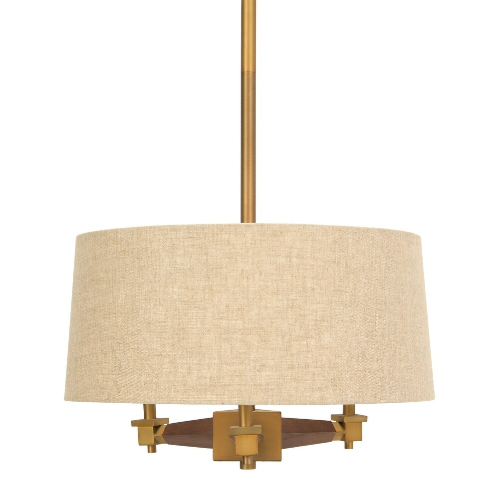Brushed Gold & Wood Pendant with Drum Shade - Image 3