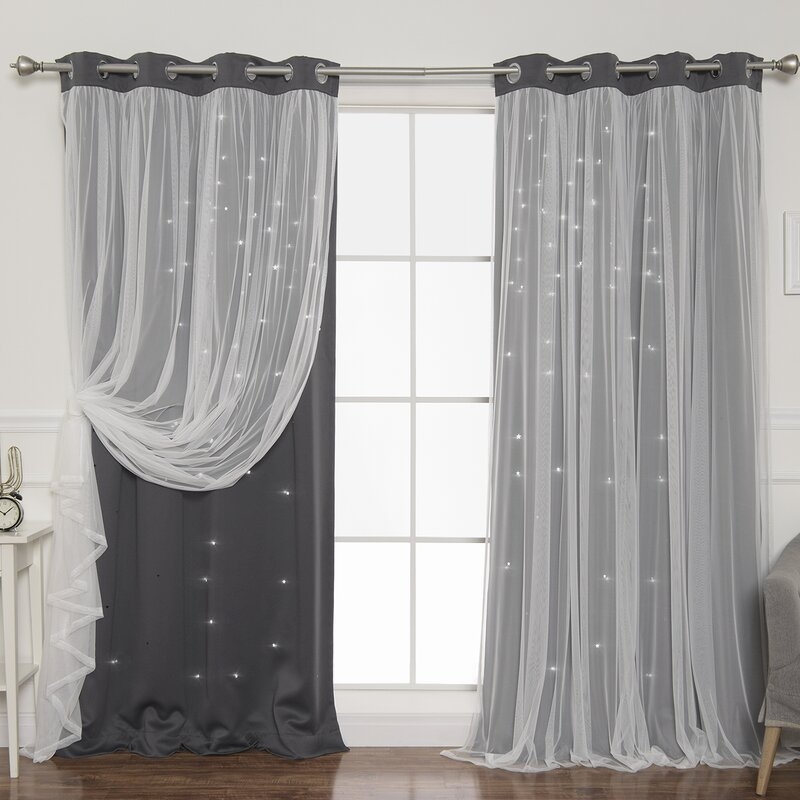 Efird Tulle Overlay Star Cut Out Solid Blackout Thermal Header Curtain Panel (Set of 2) - Image 1