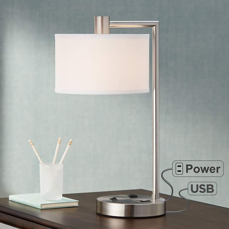 360 Lighting Colby 21" Nickel Desk Lamp with Outlet and USB Port - Image 1