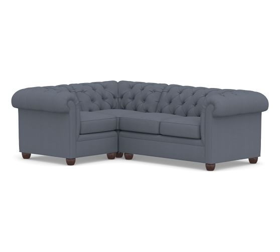Chesterfield Roll Arm Upholstered Left Arm 3-Piece Corner Sectional, Polyester Wrapped Cushions, Sunbrella(R) Performance Boss Herringbone Indigo - Image 0