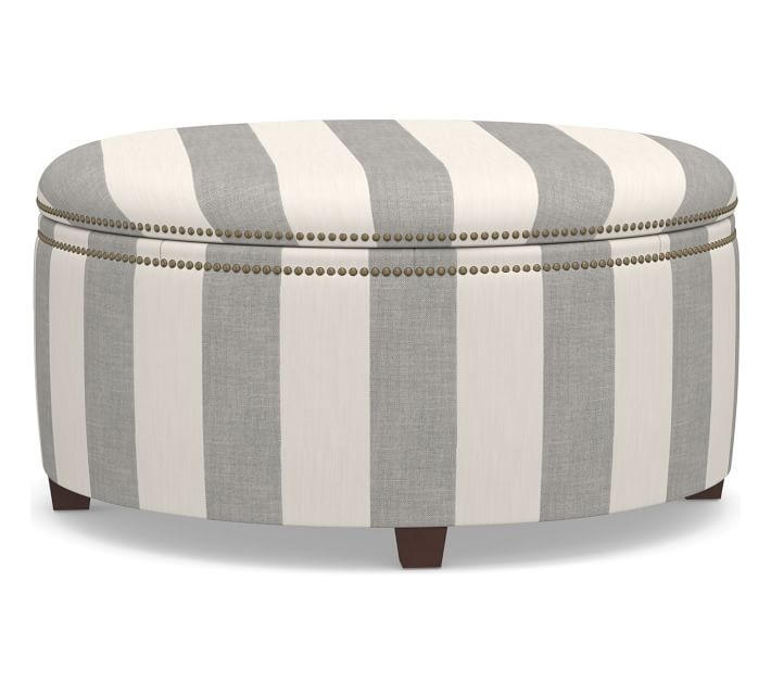 Tamsen Upholstered Round Storage Ottoman, Premium Performance Awning Stripe Light Gray/Ivory - Image 0