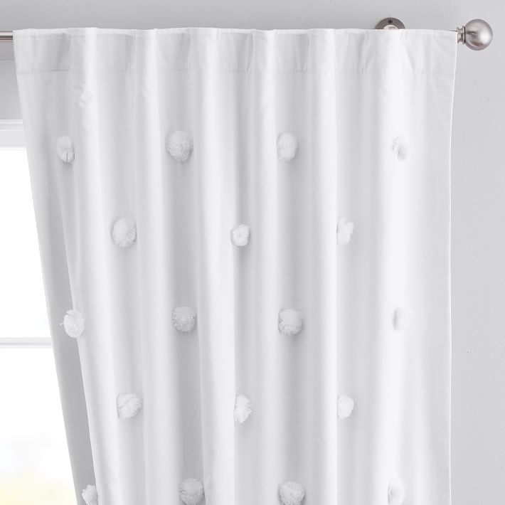 Pom Pom Applique Blackout Curtain Panel 44"W X 108"L White - Image 1