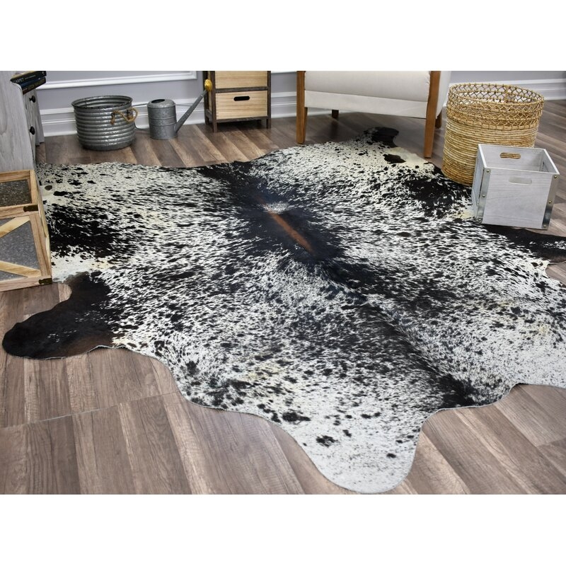 Millwood Pines Sarah Hand-Woven Cowhide Black/White Area Rug: 5' x 6'6" - Image 3