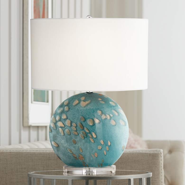 Calypso Blue Sea Round Art Glass Table Lamp - Image 1