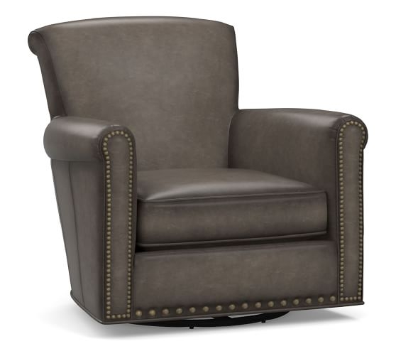 Tyler Roll Arm Leather Swivel Armchair with Nailheads, Down Blend Wrapped Cushions, Burnished Wolf Gray - Image 0