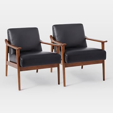 Midcentury Show Wood Leather Chair, Nero/Pecan, Set of 2 - Image 0