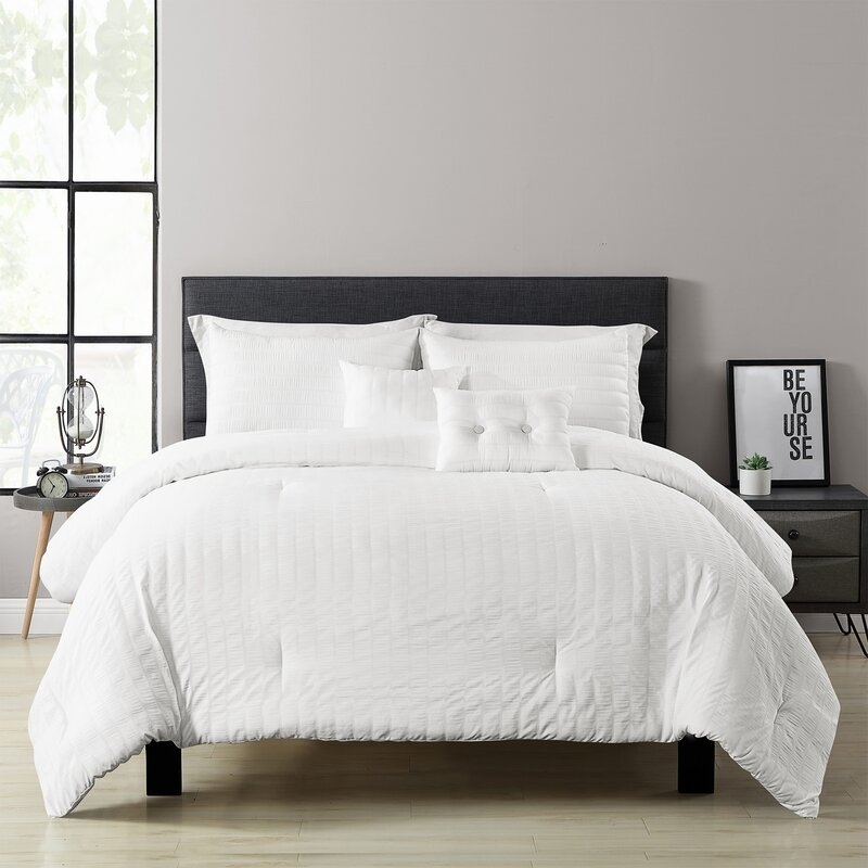 King Comforter + 2 Shams + 2 Throw Pillows White Yost Seersucker Reversible Comforter Set - Image 0
