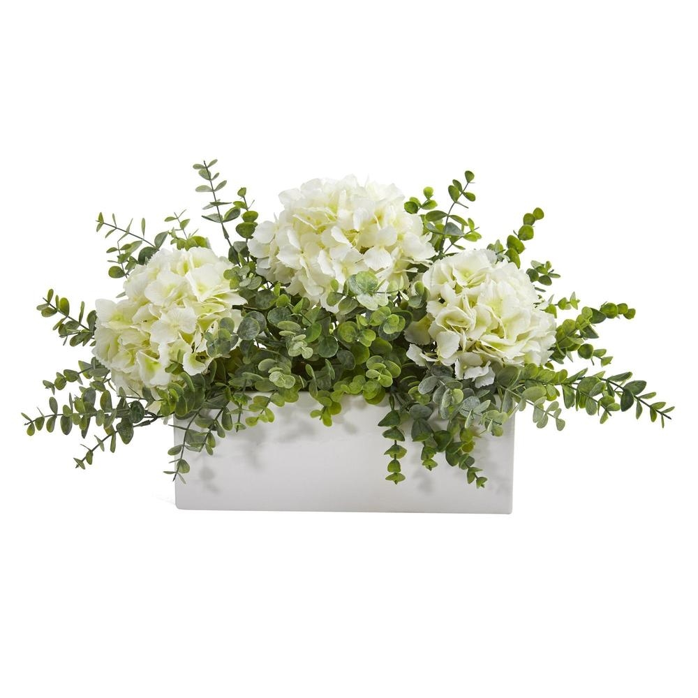 15" Hydrangea and Eucalyptus Artificial Arrangement in White Vase - Image 0