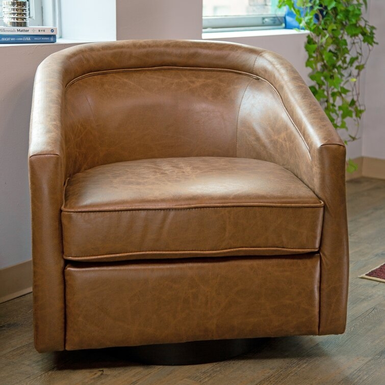 Kiersten 28.7" W Faux Leather Swivel Barrel Chair / Walnut Brown Faux Leather - Image 2