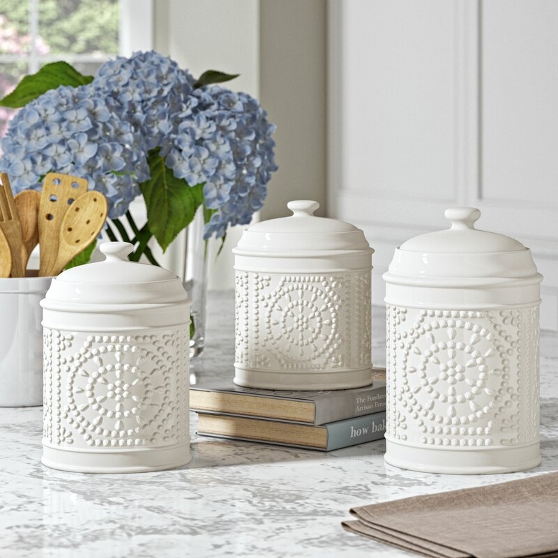 White Embossed 3 Piece Kitchen Canister Set - Image 0