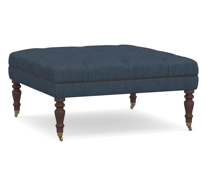Raleigh Upholstered Tufted Square Ottoman with Turned Mahogany Legs & Bronze Nailheads, Performance Heathered Tweed Indigo - Image 0
