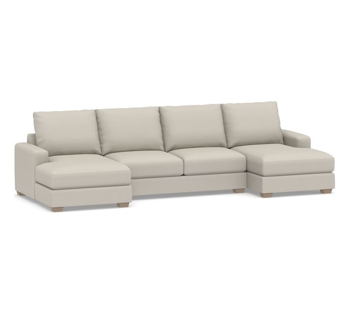 Canyon Square Arm Upholstered U-Chaise Loveseat Sectional, Down Blend Wrapped Cushions, Performance Heathered Tweed Pebble - Image 0