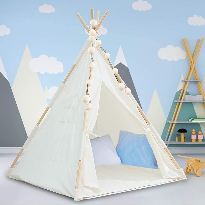 Kids Teepee Tent - Portable Kids Play Tent,Pure Cotton Children Foldable Tent With Mat,Kids Playhouse , Great For Girls/Boys Indoor & Outdoor Playing (No Windows),White - Image 2