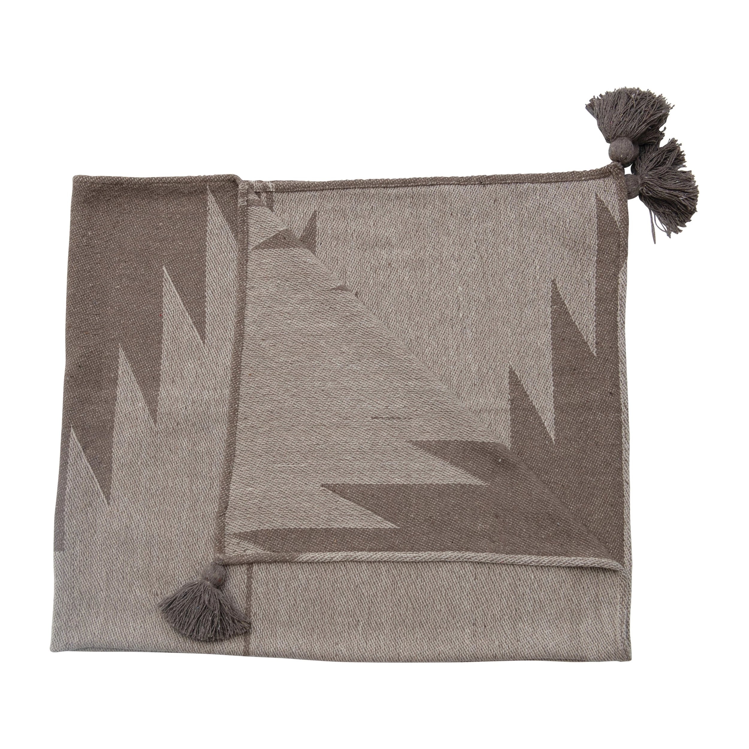 Southwest-Inspired Decorative Woven Recycled Cotton Blend Throw with Neutral Aztec Pattern and Tassels - Image 0